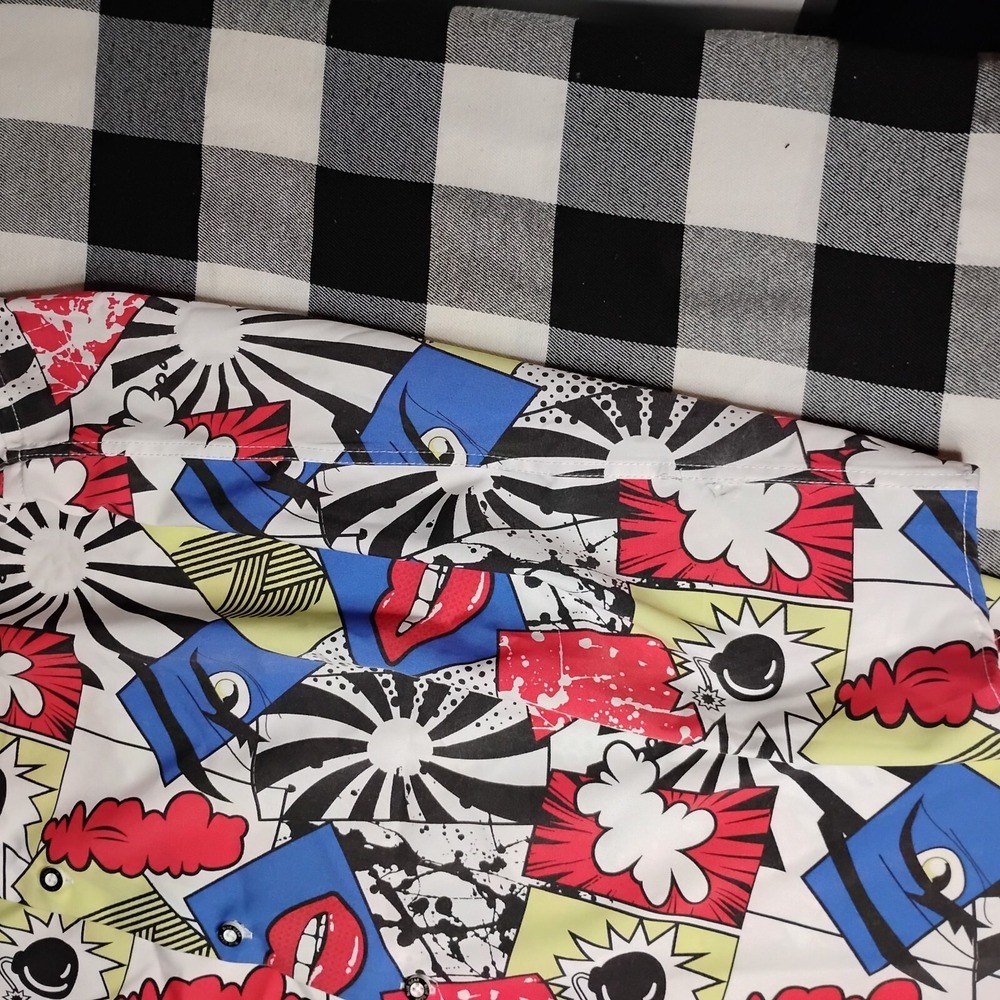 Blue Gear Comic Multi Color‎ Stretch Short Sleeve Button Abstract Graphics XL - Picture 7 of 16